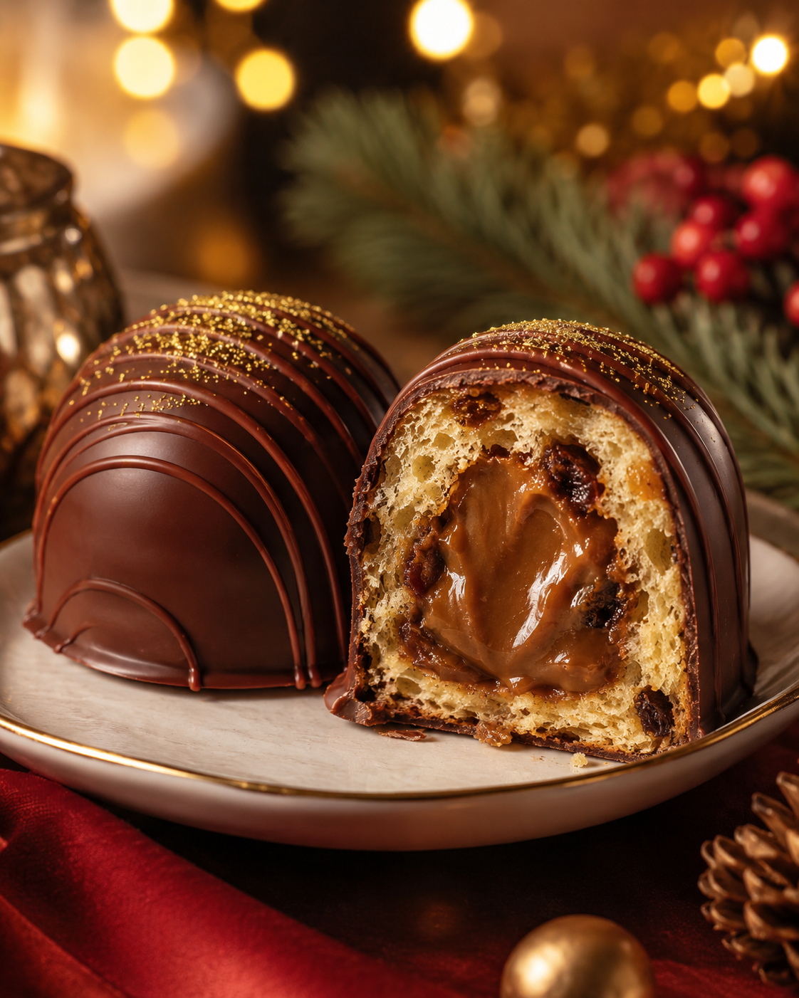 Bombón de panetón relleno de manjar, cortado por la mitad
