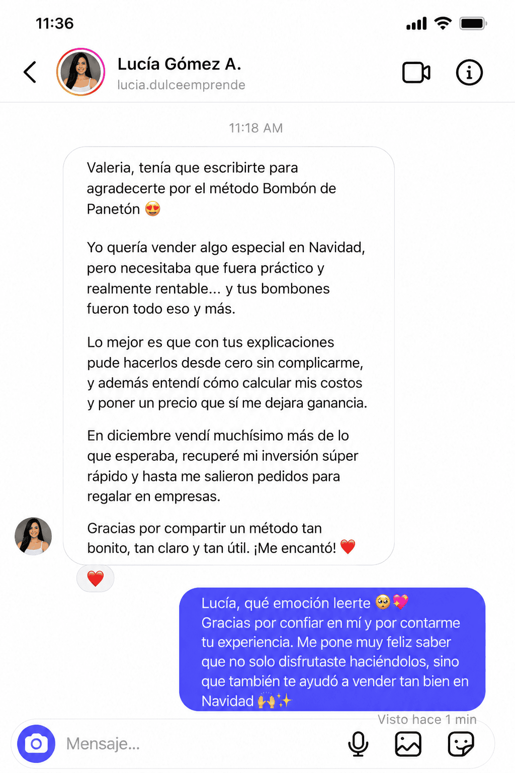 Mensaje de Lucía Gómez A. sobre cómo calculó costos y vendió en diciembre